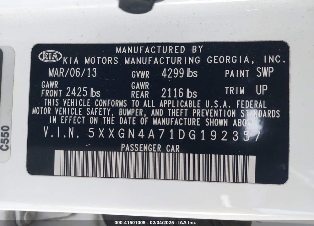 2013 KIA OPTIMA VIN: 5XXGN4A71DG192357