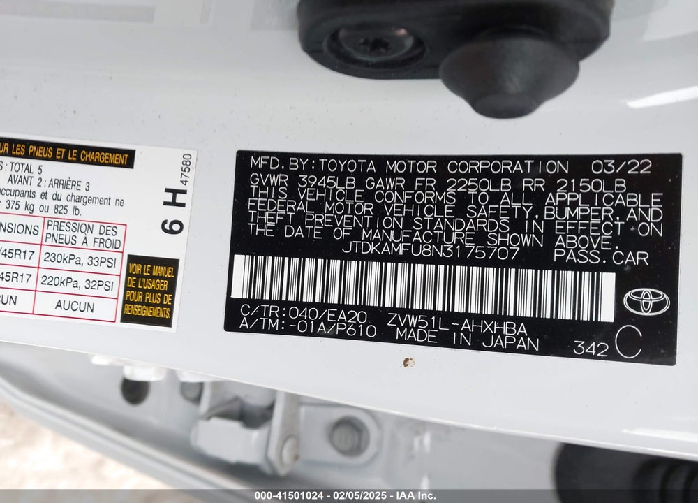 2022 TOYOTA PRIUS VIN: JTDKAMFU8N3175707