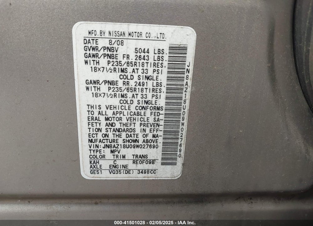 2009 NISSAN MURANO SL VIN: JN8AZ18U09W027690