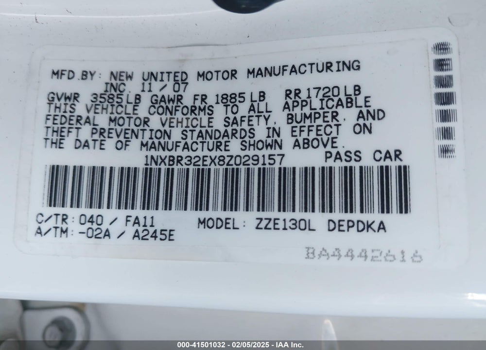 2008 TOYOTA COROLLA CE VIN: 1NXBR32EX8Z029157