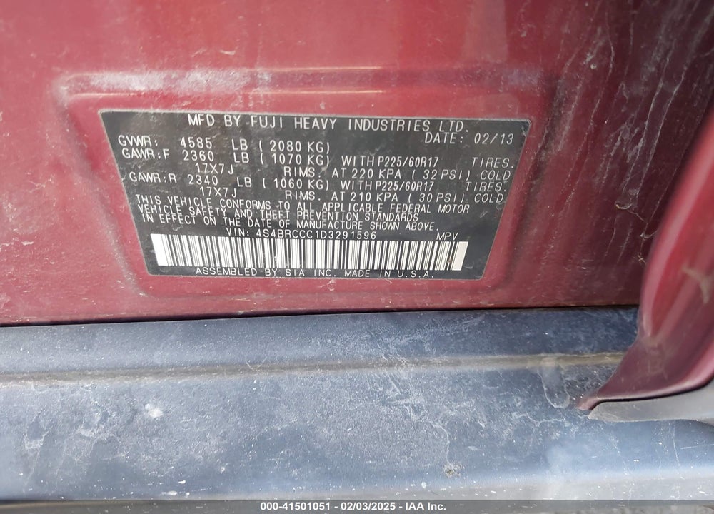 2013 SUBARU OUTBACK 2.5I PREMIUM VIN: 4S4BRCCC1D3291596