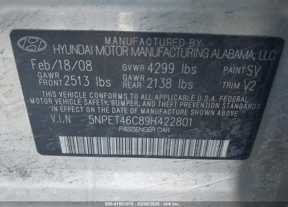 2009 HYUNDAI SONATA GLS VIN: 5NPET46C89H422801