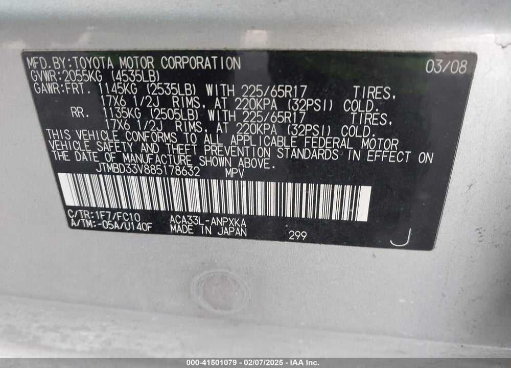 2008 TOYOTA RAV4 VIN: JTMBD33V885178632