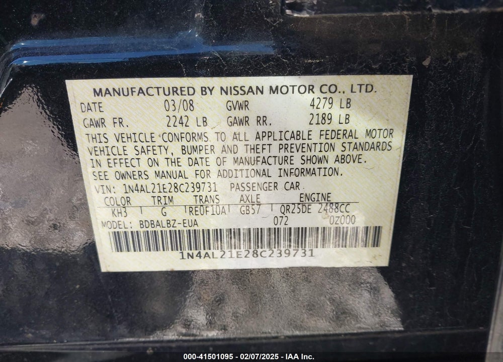 2008 NISSAN ALTIMA VIN: 1N4AL21E28C239731