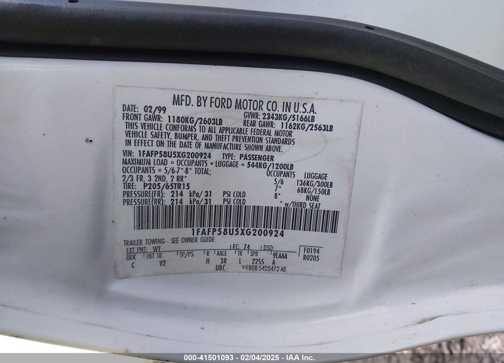 1999 FORD TAURUS VIN: 1FAFP58U5XG200924