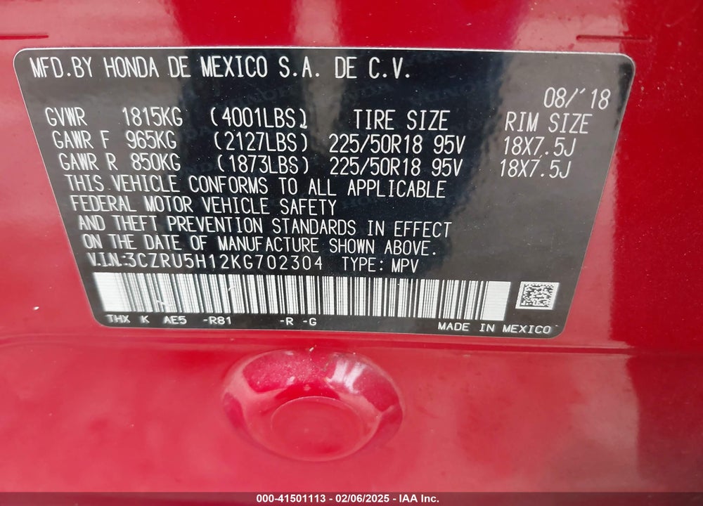 2019 HONDA HR-V SPORT VIN: 3CZRU5H12KG702304