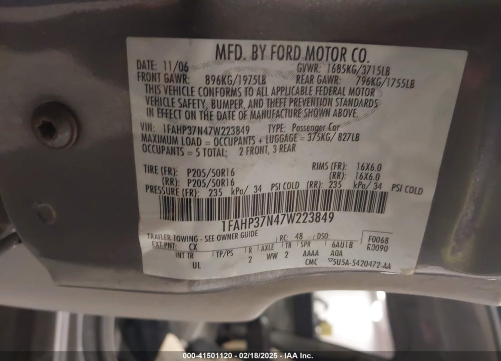 2007 FORD FOCUS S/SE/SES VIN: 1FAHP37N47W223849