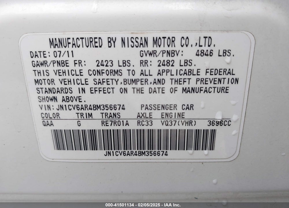 2011 INFINITI G37X VIN: JN1CV6AR4BM356674