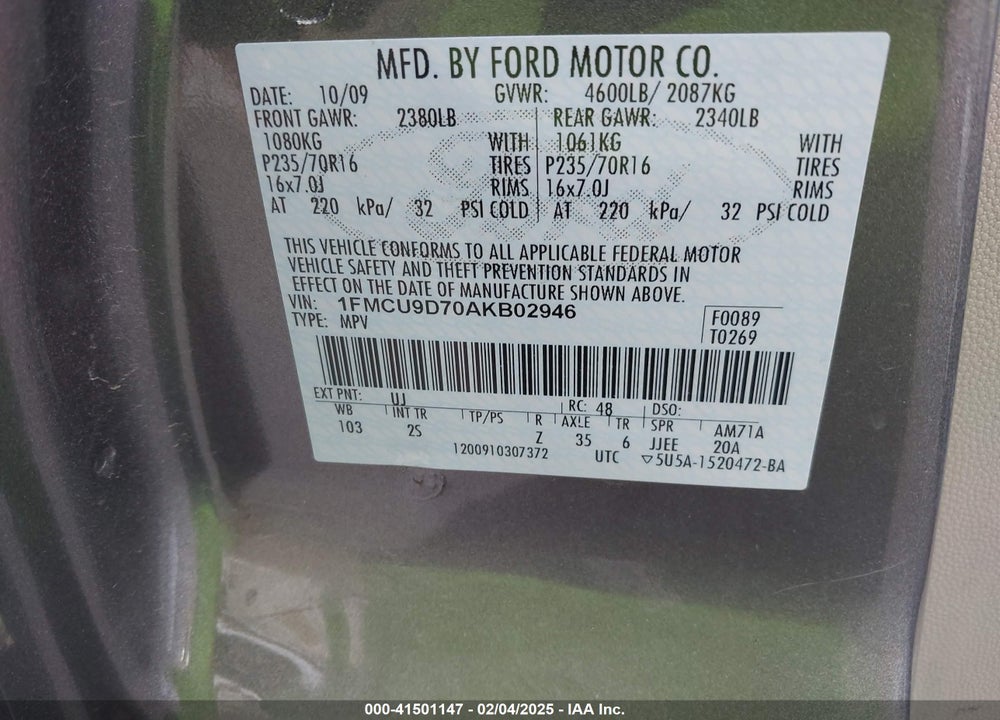 2010 FORD ESCAPE XLT VIN: 1FMCU9D70AKB02946