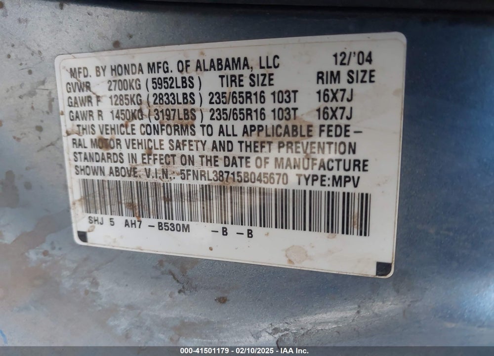 2005 HONDA ODYSSEY EX-L VIN: 5FNRL38715B045670