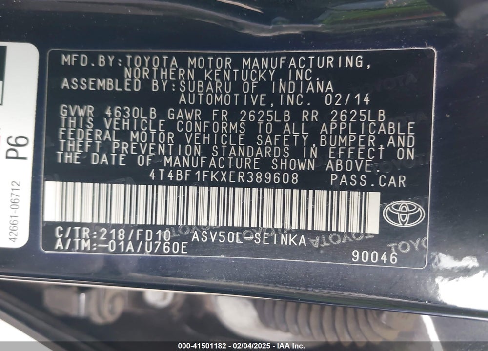 2014 TOYOTA CAMRY VIN: 4T4BF1FKXER389608