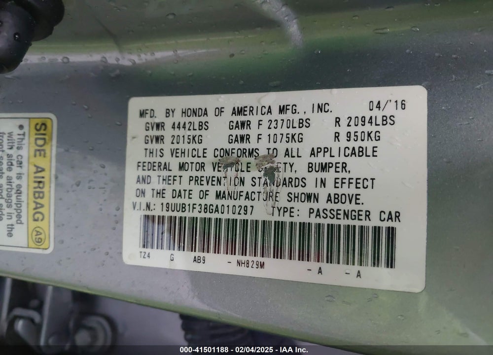 2016 ACURA TLX VIN: 19UUB1F38GA010297
