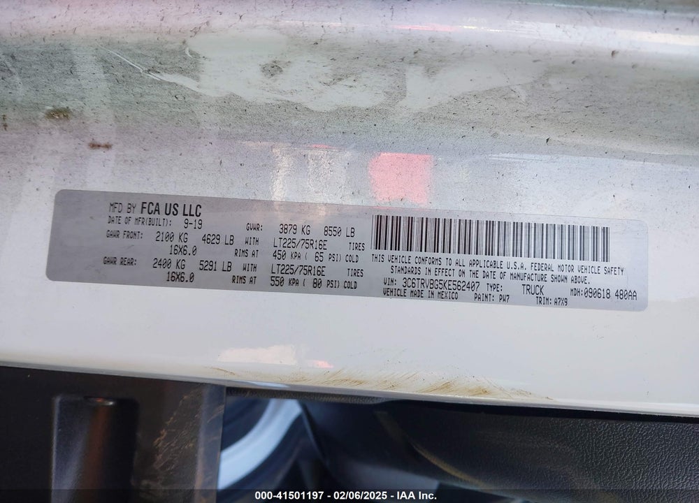2019 RAM PROMASTER 1500 HIGH ROOF 136 WB VIN: 3C6TRVBG5KE562407