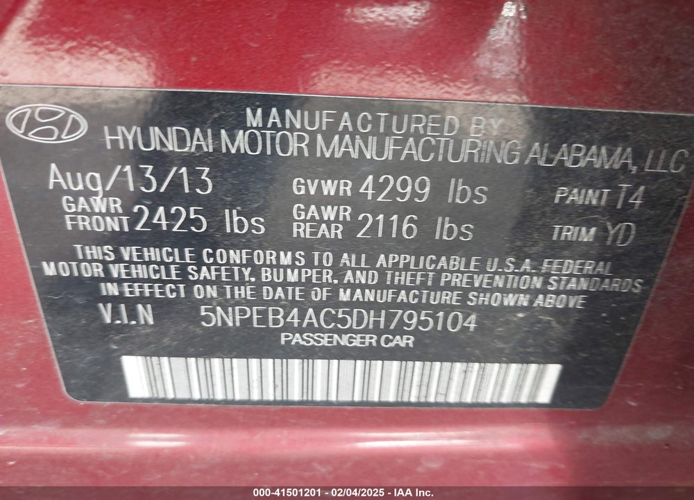 2013 HYUNDAI SONATA GLS VIN: 5NPEB4AC5DH795104