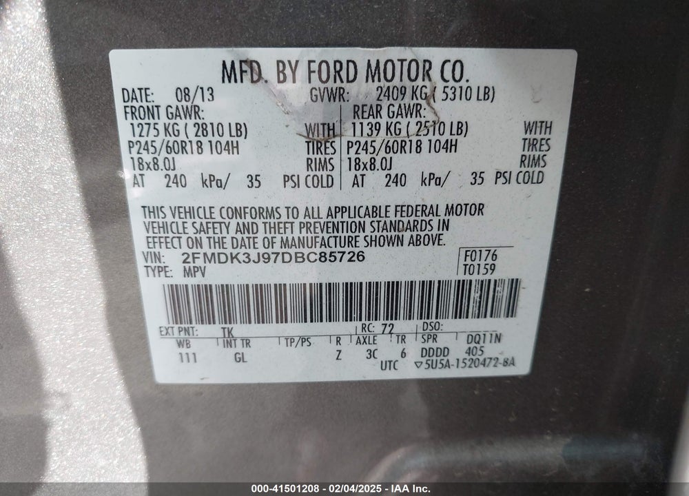 2013 FORD EDGE SEL VIN: 2FMDK3J97DBC85726