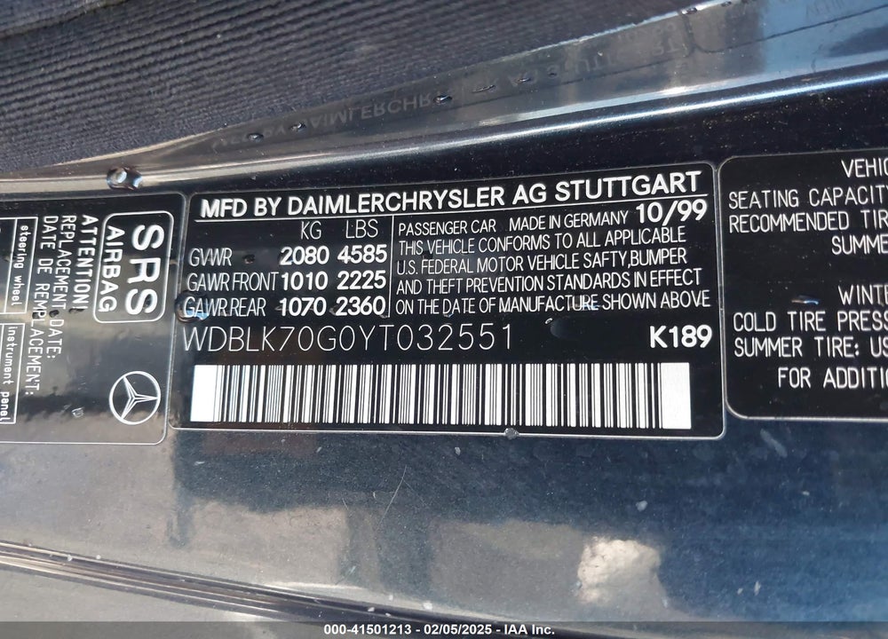 2000 MERCEDES-BENZ CLK 430 VIN: WDBLK70G0YT032551
