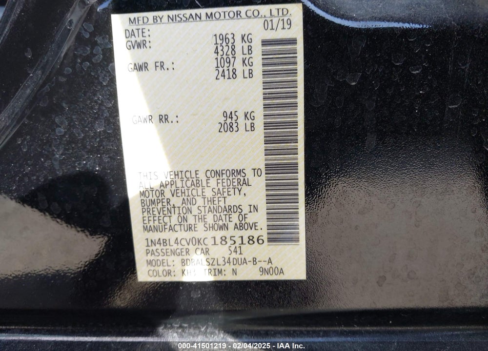 2019 NISSAN ALTIMA VIN: 1N4BL4CV0KC185186