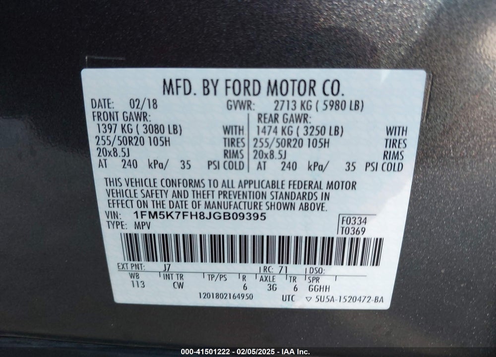 2018 FORD EXPLORER LIMITED VIN: 1FM5K7FH8JGB09395