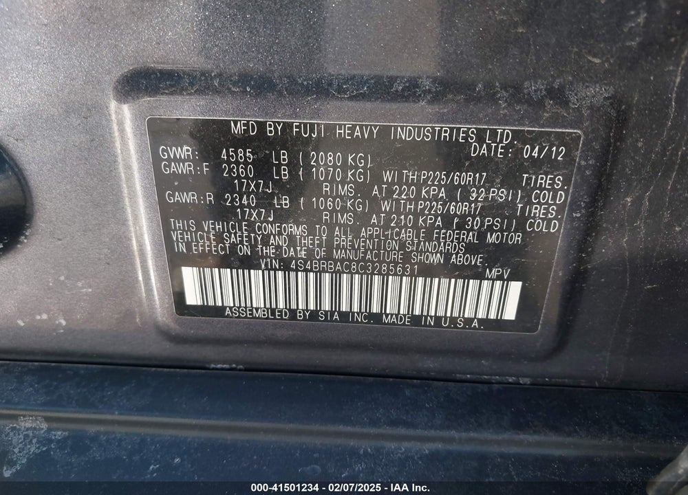 2012 SUBARU OUTBACK 2.5I VIN: 4S4BRBAC8C3285631