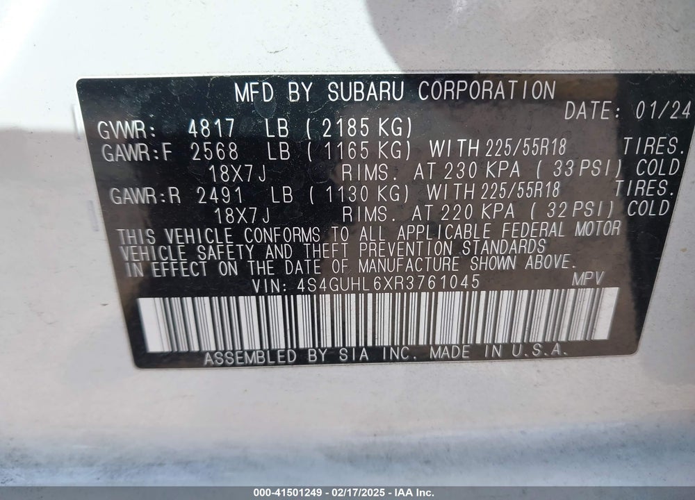 2024 SUBA CROSSTREK LIMITED AW VIN: 4S4GUHL6XR3761045