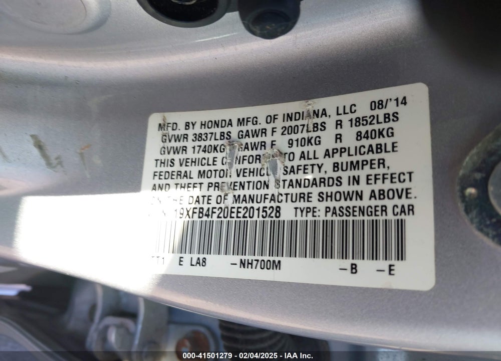 2014 HONDA CIVIC VIN: 19XFB4F20EE201528