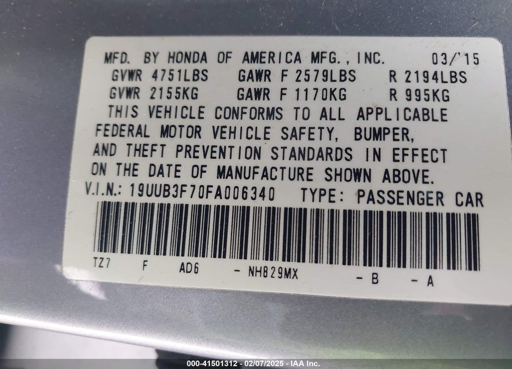 2015 ACURA TLX VIN: 19UUB3F70FA006340