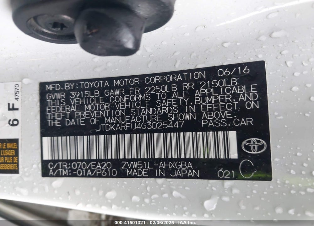 2016 TOYOTA PRIUS VIN: JTDKARFU4G3025447