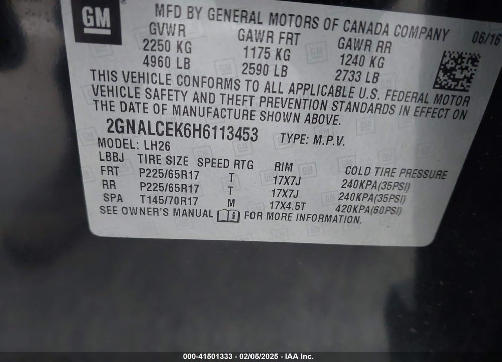 2017 CHEVROLET EQUINOX LT VIN: 2GNALCEK6H6113453