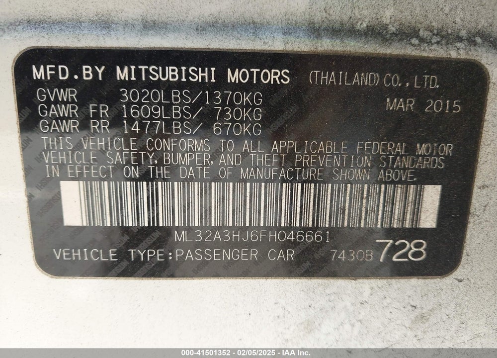 2015 MITSUBISHI MIRAGE VIN: ML32A3HJ6FH046661