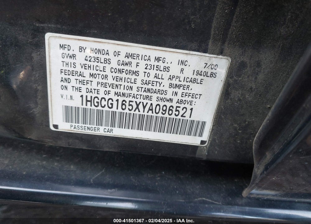 2000 HONDA ACCORD 3.0 EX VIN: 1HGCG165XYA096521