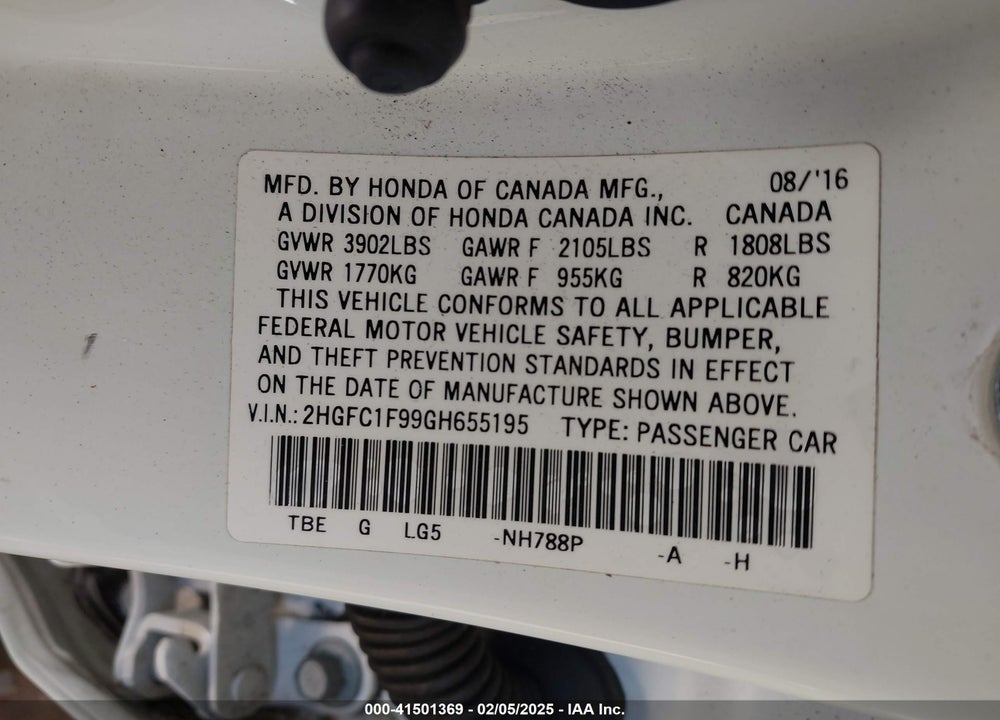 2016 HONDA CIVIC VIN: 2HGFC1F99GH655195