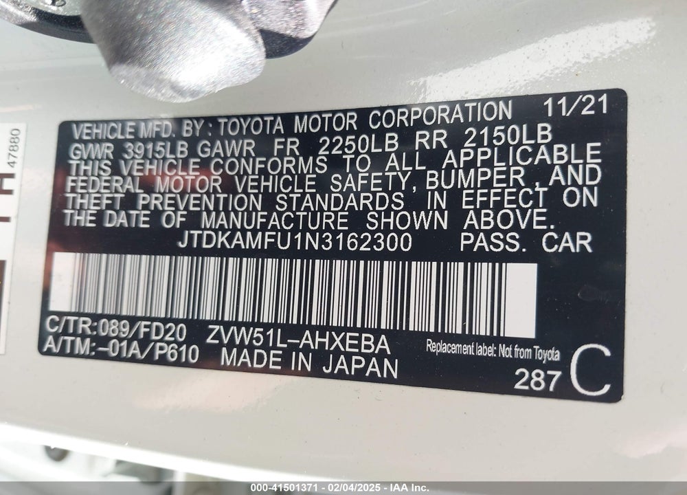 2022 TOYOTA PRIUS VIN: JTDKAMFU1N3162300