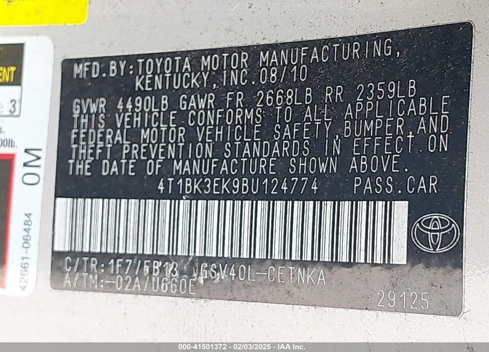 2011 TOYOTA CAMRY LE V6 VIN: 4T1BK3EK9BU124774