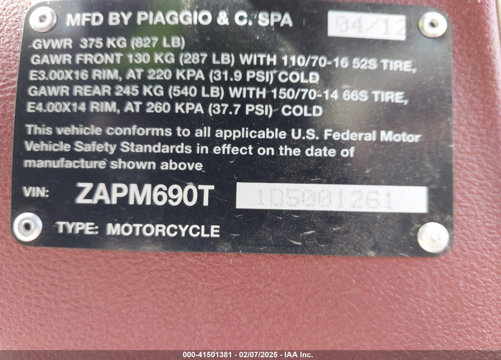 2013 PIAGGIO BV 350 VIN: ZAPM690T1D5001261