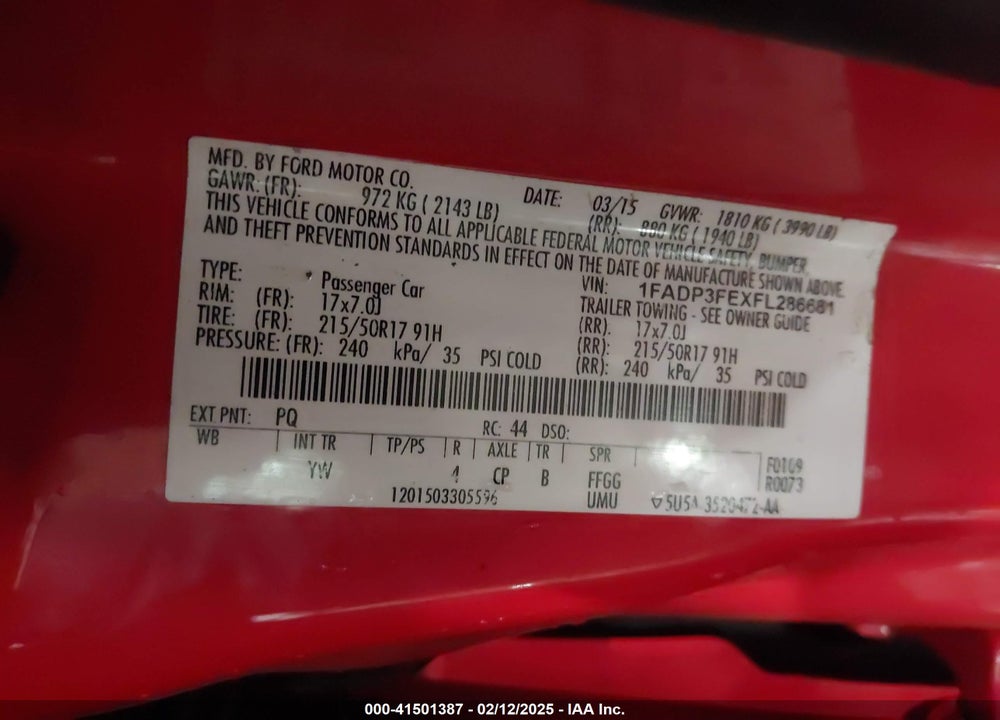 2015 FORD FOCUS VIN: 1FADP3FEXFL286681