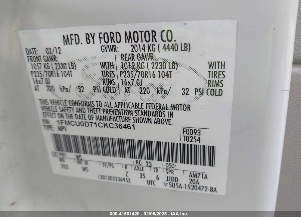 2012 FORD ESCAPE XLT VIN: 1FMCU0D71CKC36461