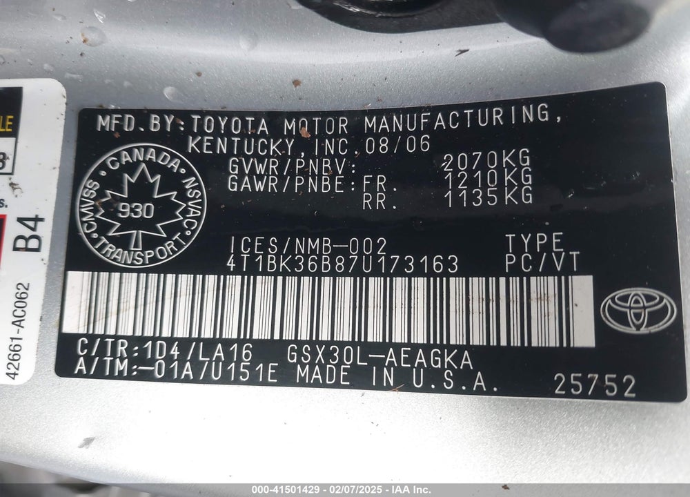 2007 TOYOTA AVALON VIN: 4T1BK36B87U173163