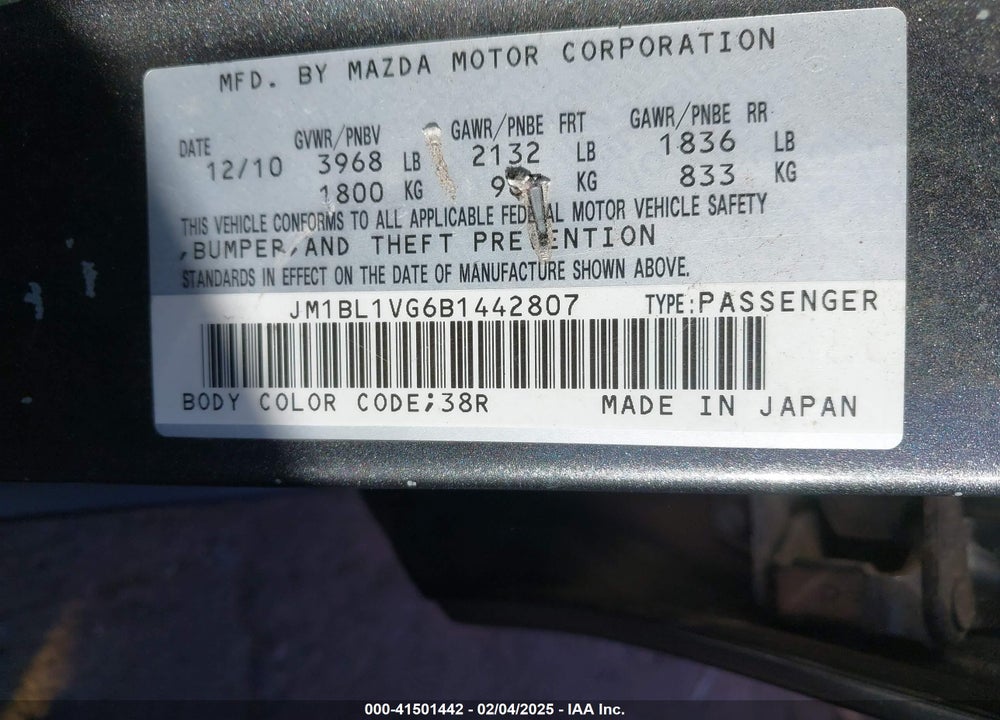 2011 MAZDA MAZDA3 VIN: JM1BL1VG6B1442807