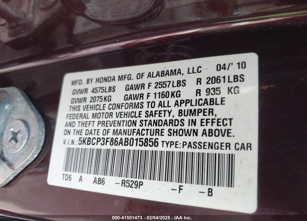 2010 HONDA ACCORD VIN: 5KBCP3F86AB015856