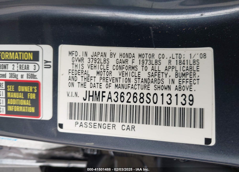 2008 HONDA CIVIC HYBRID VIN: JHMFA36268S013139