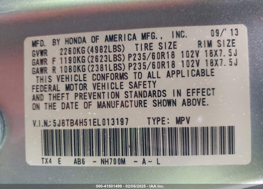 2014 ACURA RDX VIN: 5J8TB4H51EL013197