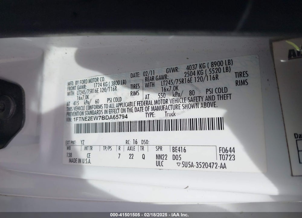 2011 FORD E-250 COMMERCIAL VIN: 1FTNE2EW7BDA65794