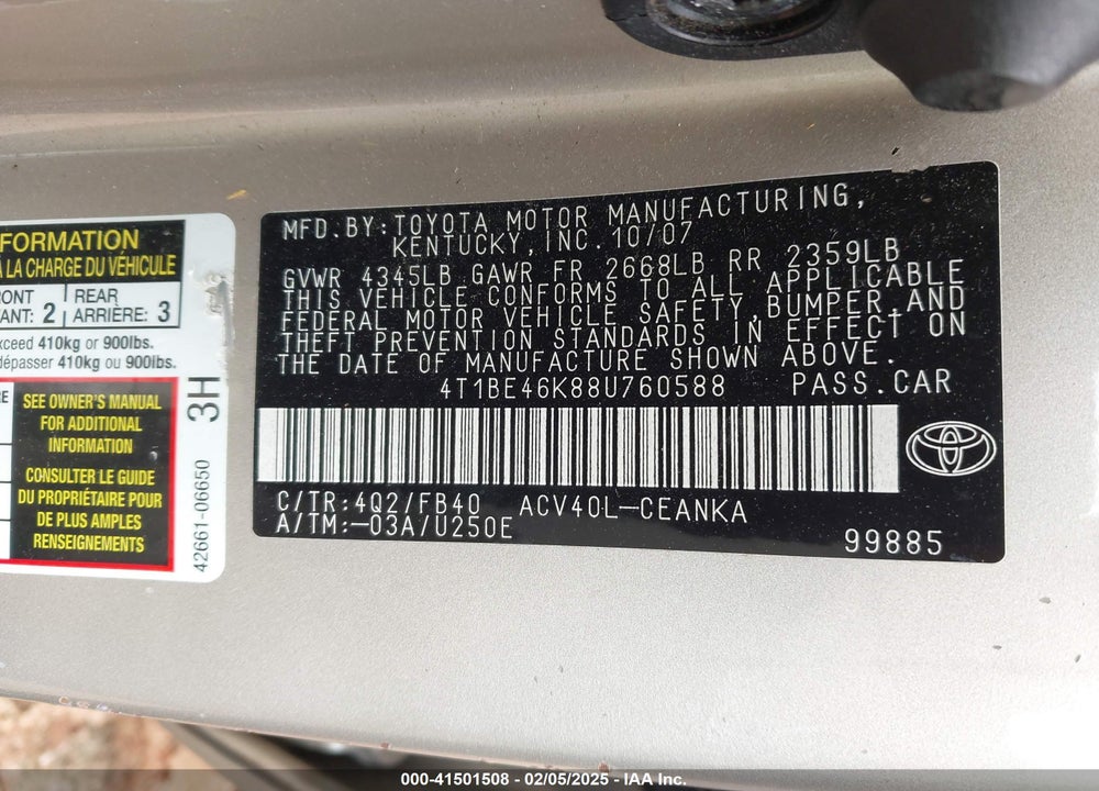 2008 TOYOTA CAMRY LE VIN: 4T1BE46K88U760588