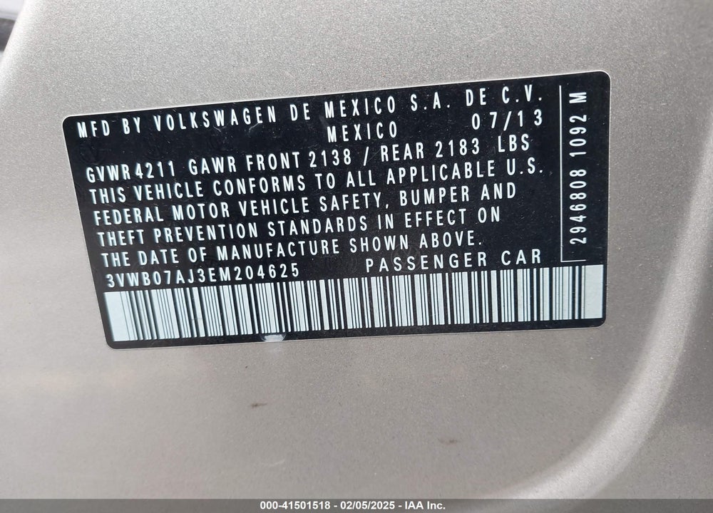 2014 VOLKSWAGEN JETTA VIN: 3VWB07AJ3EM204625