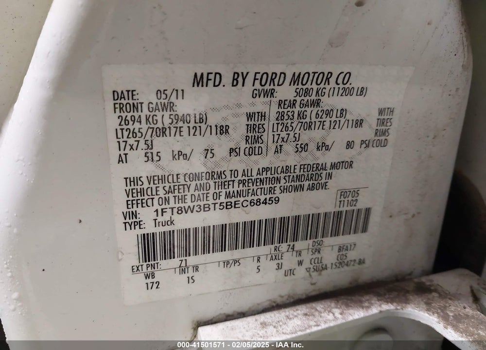 2011 FORD F-350 XL VIN: 1FT8W3BT5BEC68459