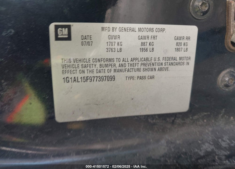 2007 CHEVROLET COBALT VIN: 1G1AL15F977397099