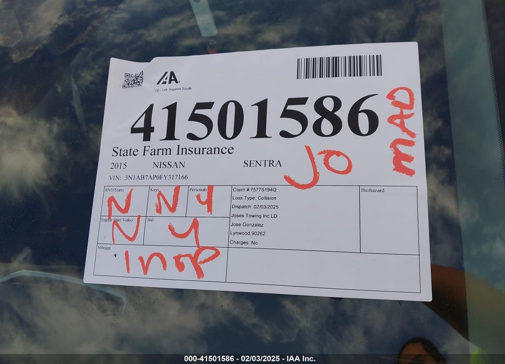 2015 NISSAN SENTRA VIN: 3N1AB7AP0FY317166