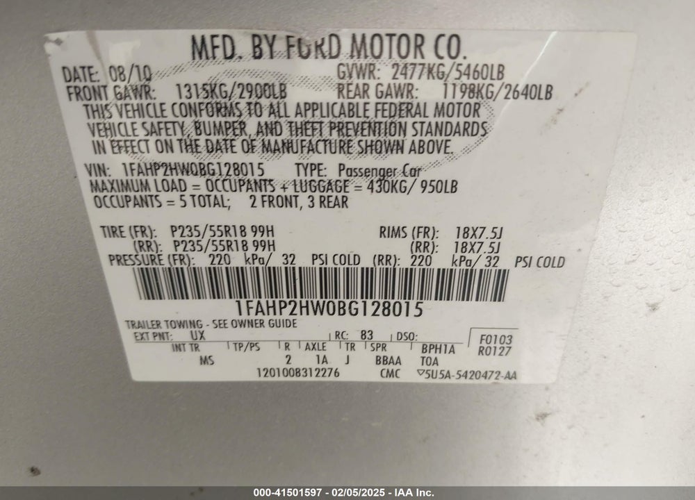 2011 FORD TAURUS SEL VIN: 1FAHP2HW0BG128015