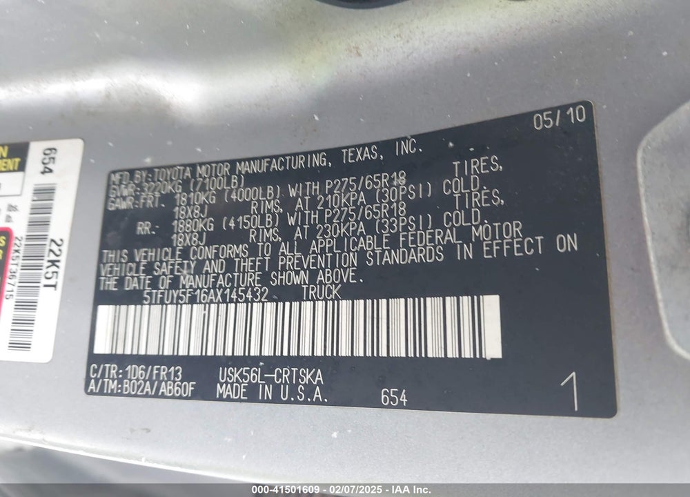 2010 TOYOTA TUNDRA VIN: 5TFUY5F16AX145432