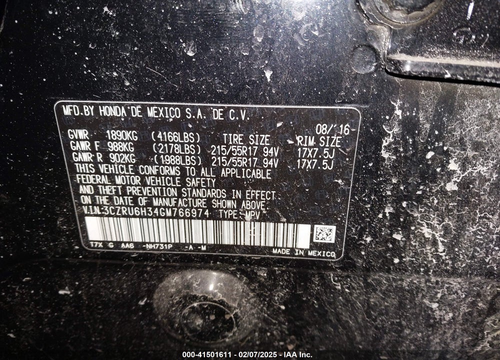 2016 HONDA HR-V LX VIN: 3CZRU6H34GM766974
